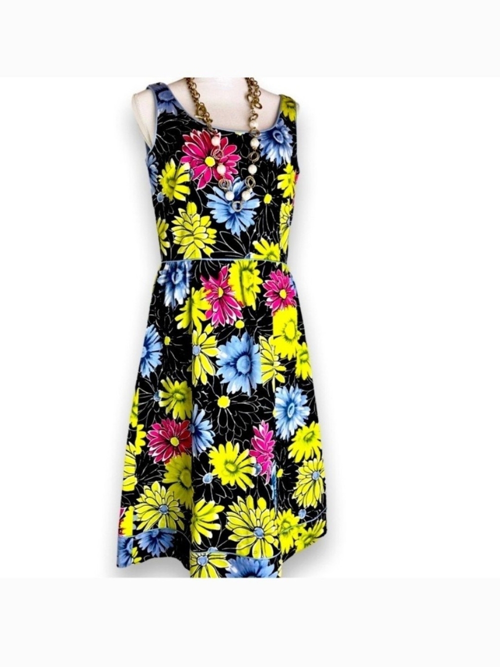 Madison Studio Black Floral Midi Dress with Yellow, Blue & Pink Flowers
